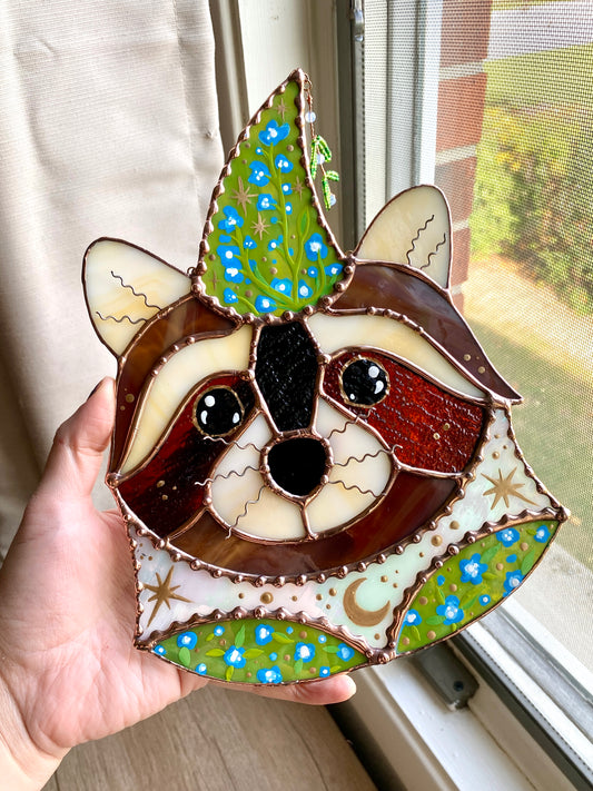 Blue Flower Wizard Raccoon Stained Glass Suncatcher