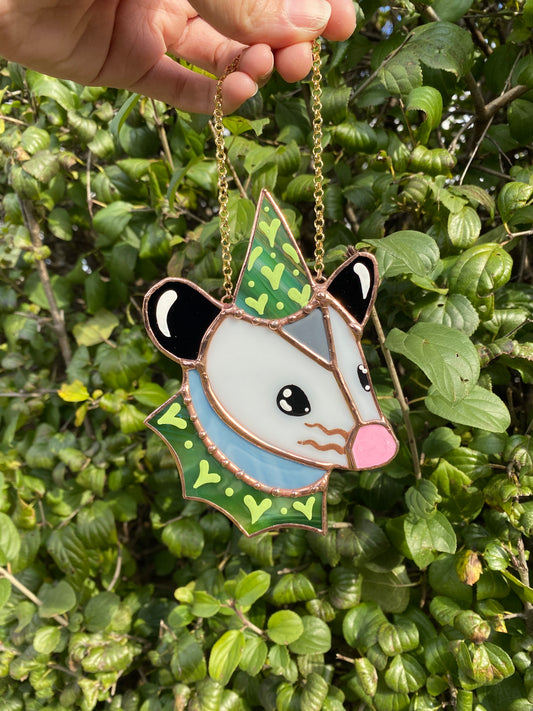 Green Iridescent Heart Opossum Stained Glass Ornament