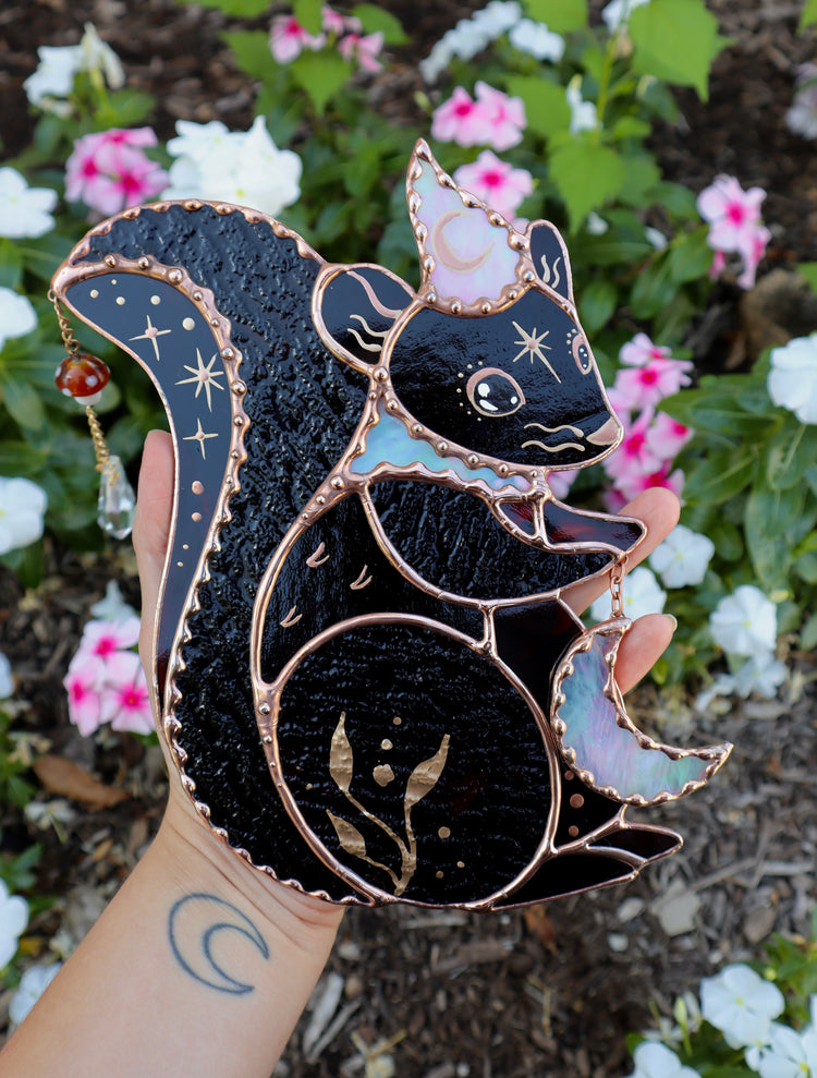 Moon Squirrel Wizard Stained Glass Suncatcher