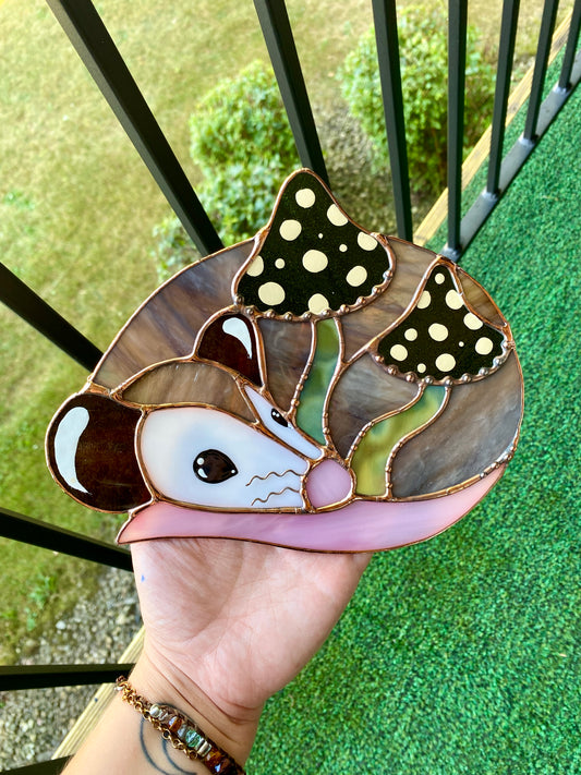 Enchanted Green Mushroom Opossum Stained Glass Suncatcher