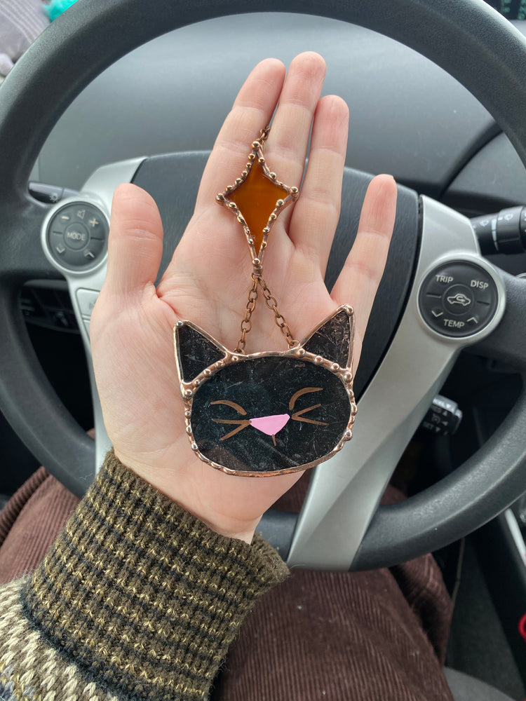 Black Cat and Starburst Stained Glass Car Charm