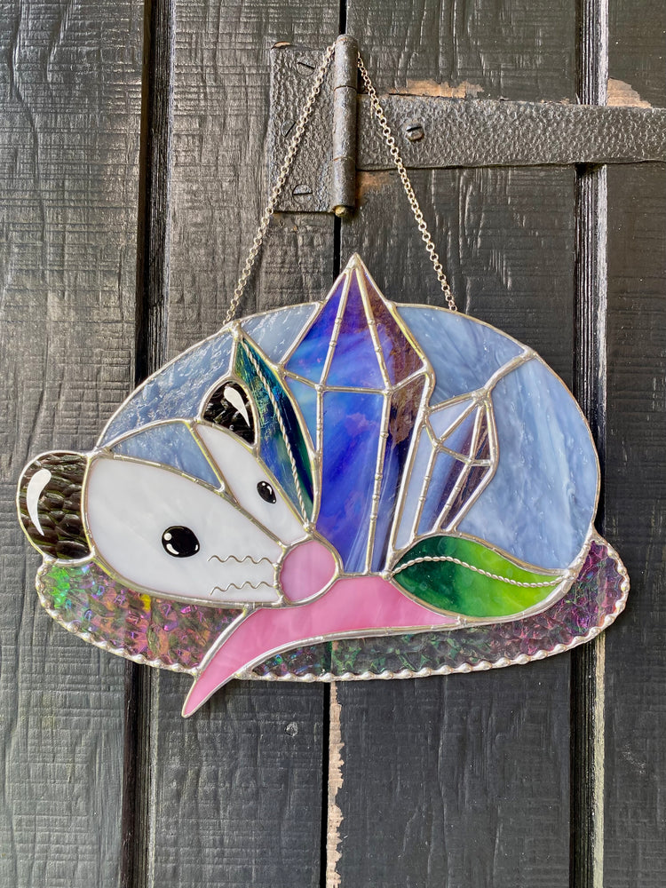 Blue Crystal Guardian Opossum Stained Glass Suncatcher