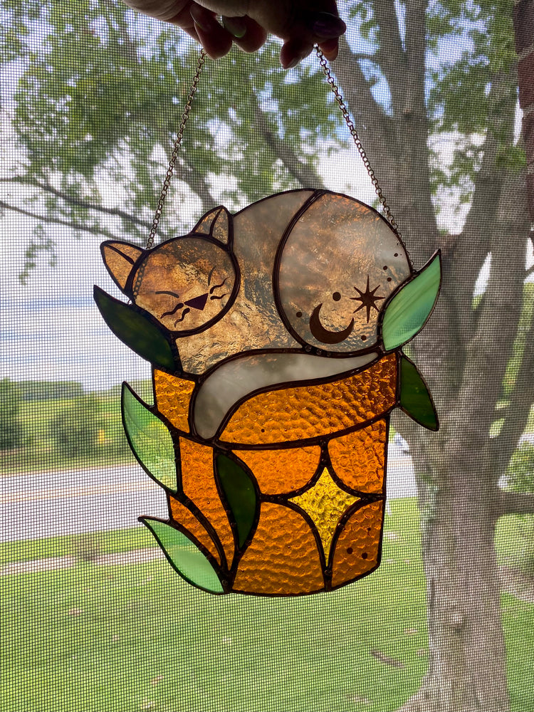 Sleepy Grey Flowerpot Cat Stained Glass Suncatcher