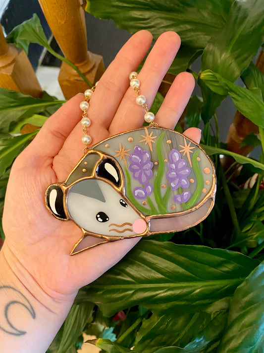 Mini Sleepy Lavender Opossum Stained Glass Ornament