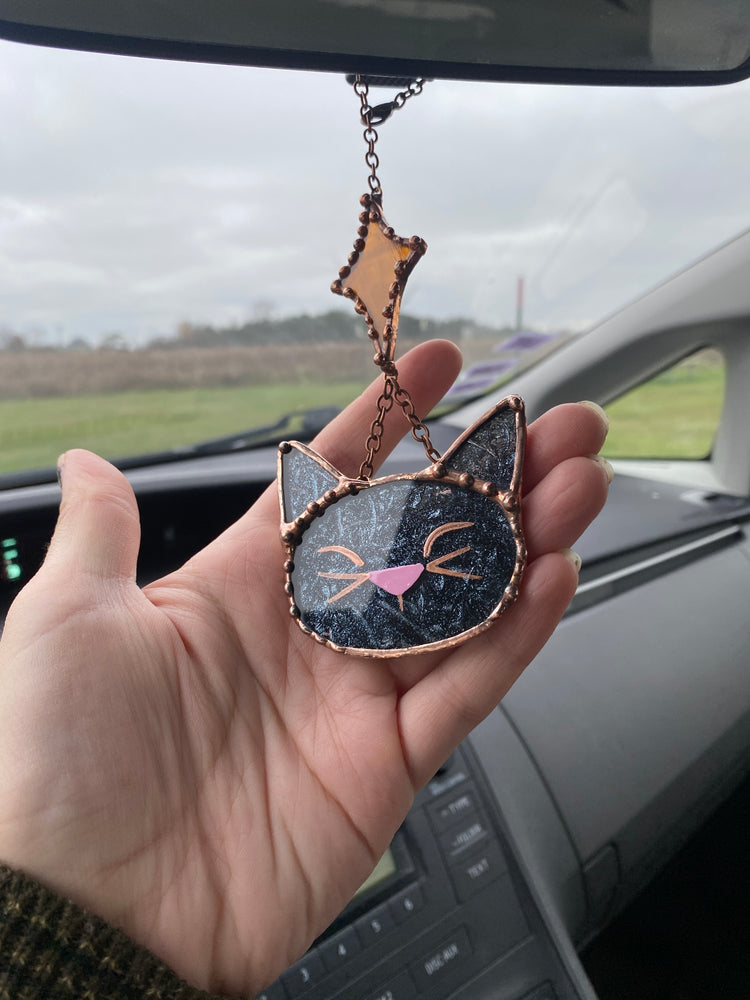 Black Cat and Starburst Stained Glass Car Charm