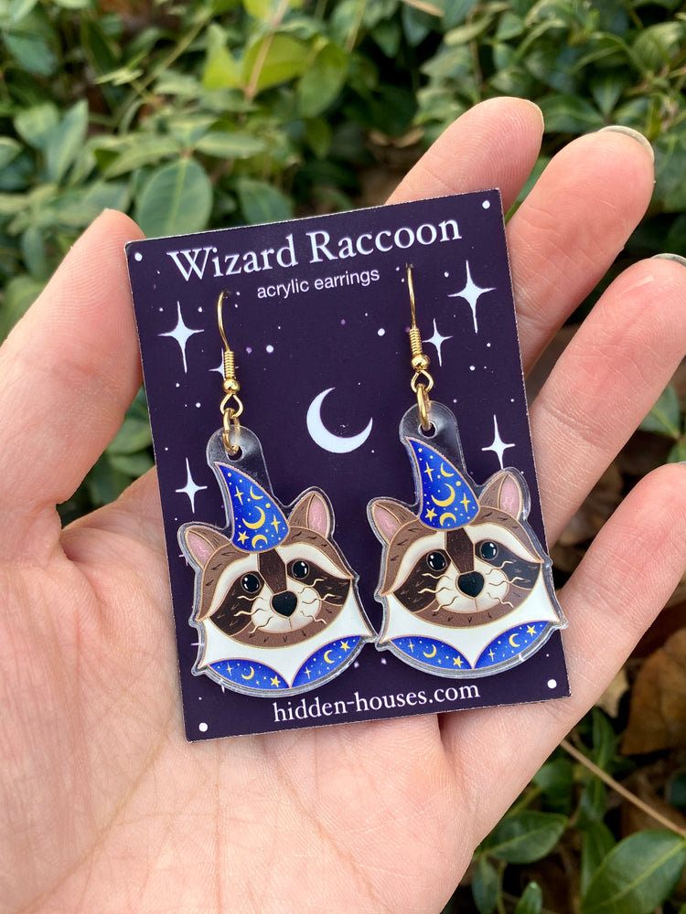 Blue and Gold Wizard Raccoon Acrylic Earrings