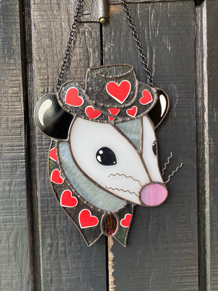 Red Heart Cowboy Opossum Stained Glass Suncatcher