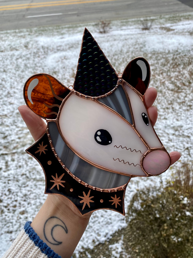 Cosmic Wizard Opossum Stained Glass Suncatcher