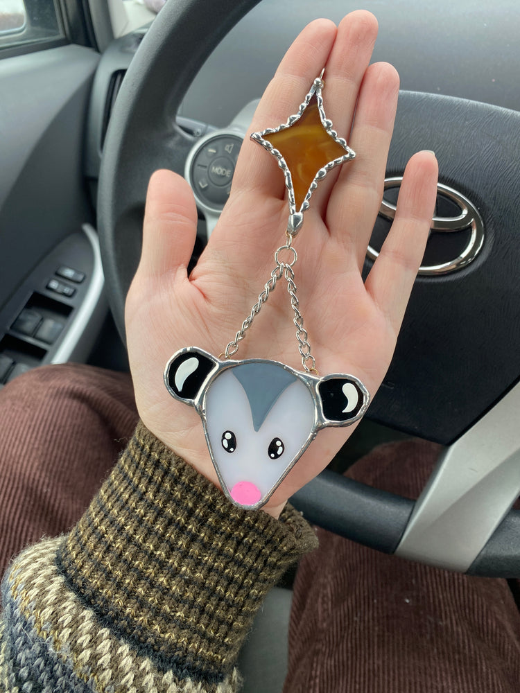 Silver Opossum Starburst Stained Glass Car Charm