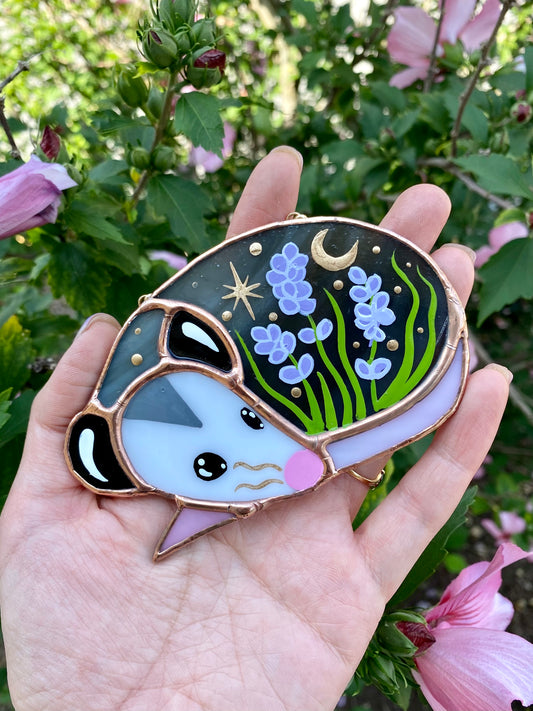 Sleepy Lavender Opossum Stained Glass Ornament