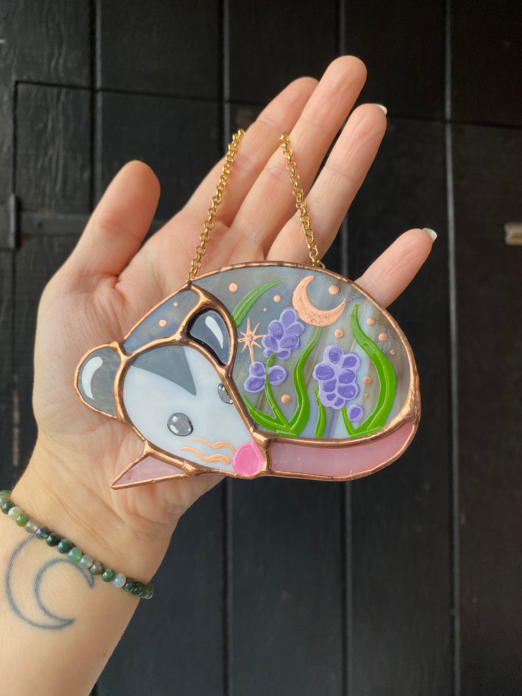 Sleepy Lavender Opossum Stained Glass Ornament