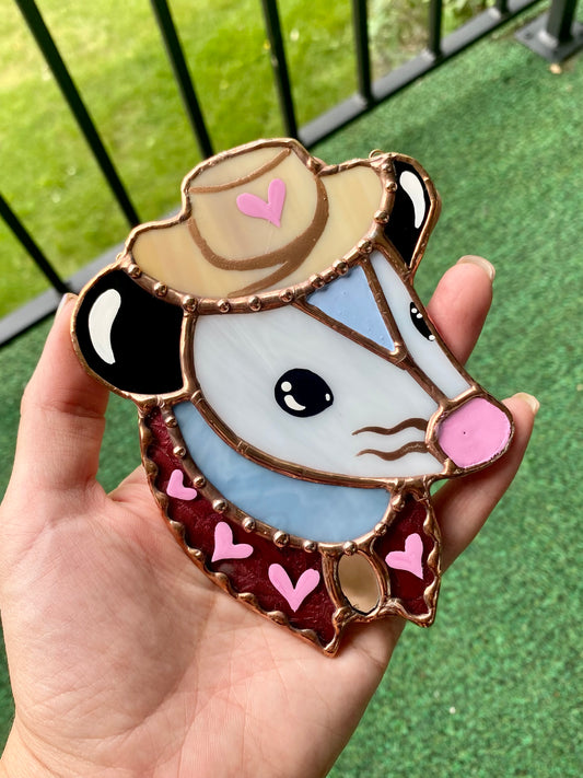 Pink Heart Cowboy Opossum Stained Glass Ornament