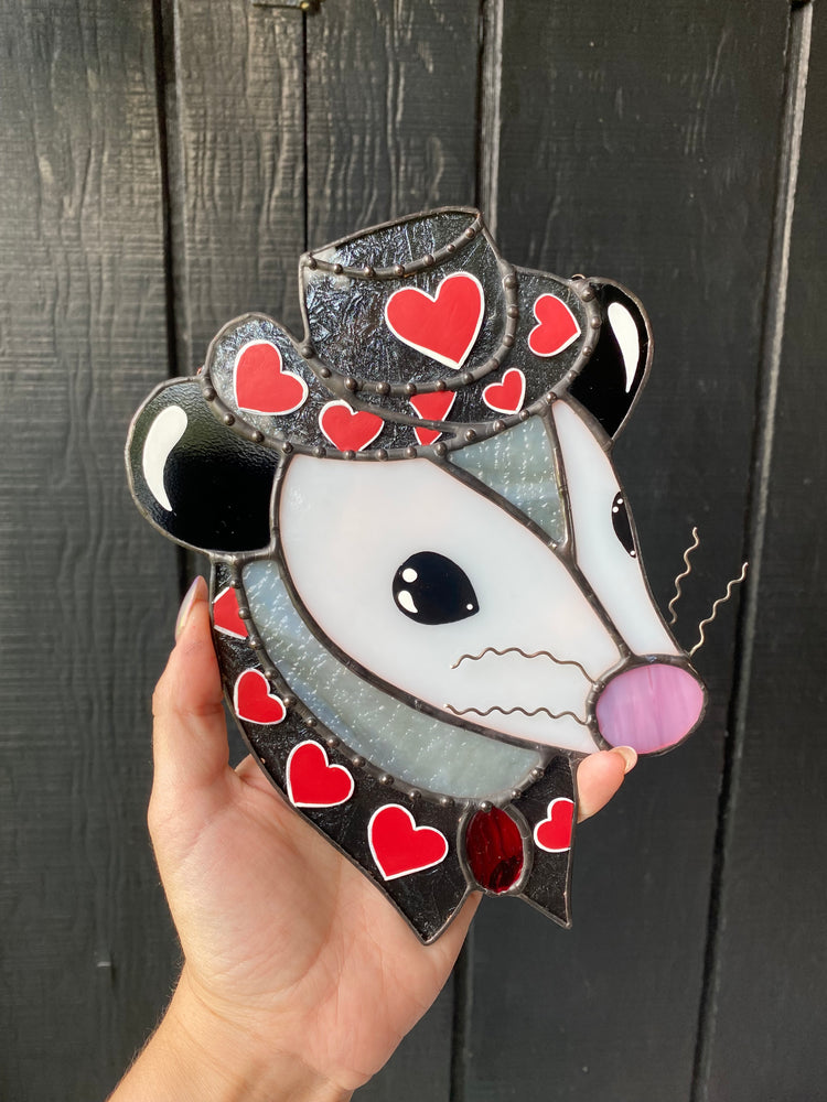 Red Heart Cowboy Opossum Stained Glass Suncatcher