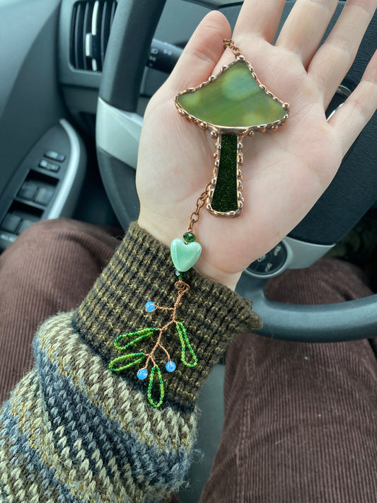 Emerald Mushroom Stained Glass Car Charm