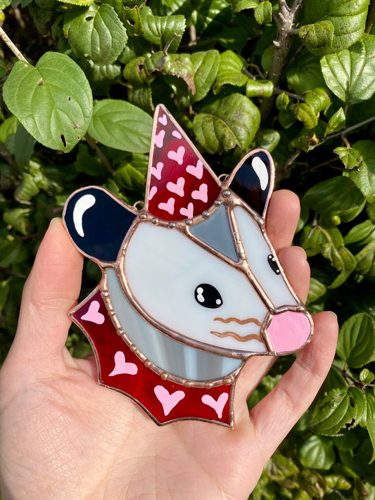 Red and Pink Heart Opossum Stained Glass Ornament