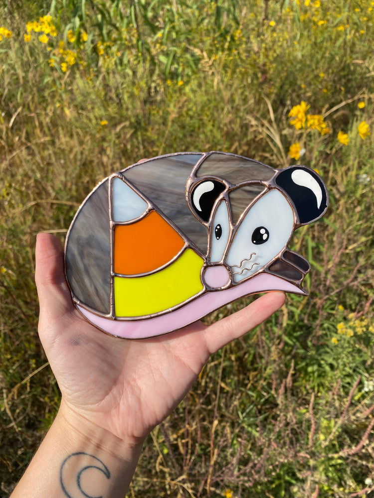 Golden Candy Corn Opossum Stained Glass Suncatcher