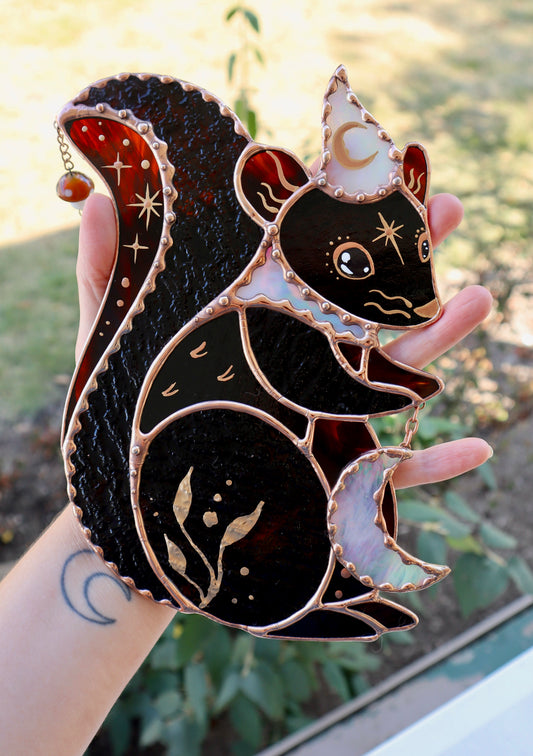 Moon Squirrel Wizard Stained Glass Suncatcher