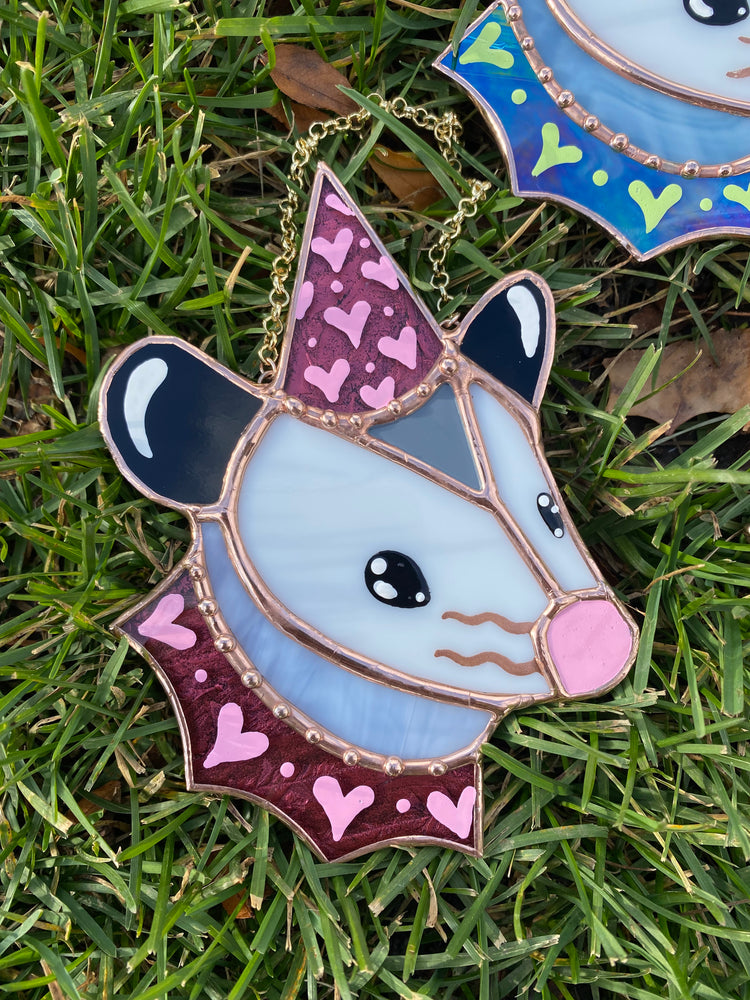 Pink Glitter Heart Opossum Stained Glass Ornament