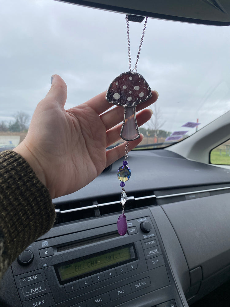 Whimsy Purple Mushroom Stained Glass Car Charm