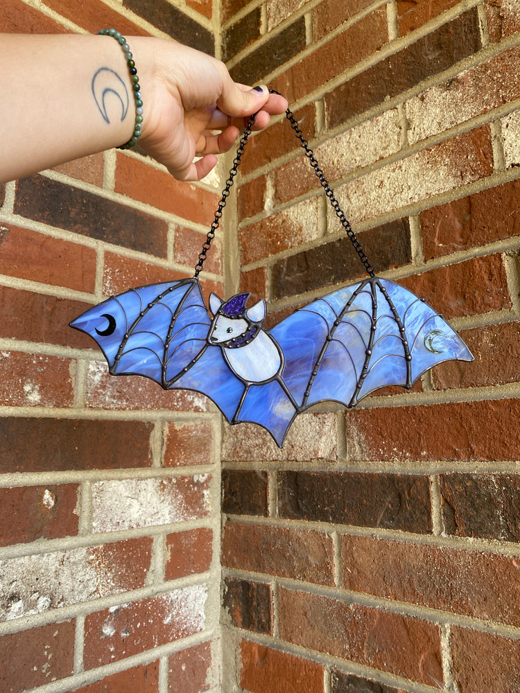 Black and Blue Wizard Bat Stained Glass Suncatcher