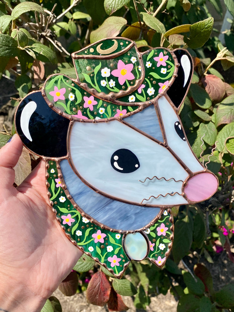 Midsummer Cowboy Opossum Stained Glass Suncatcher