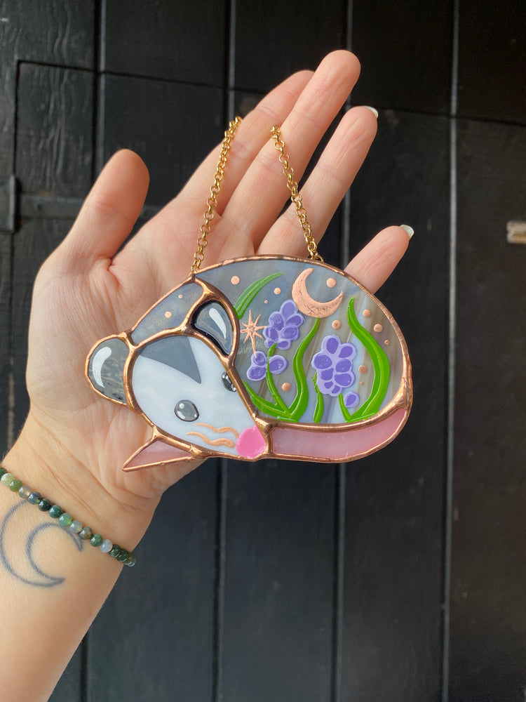 Sleepy Lavender Opossum Stained Glass Ornament