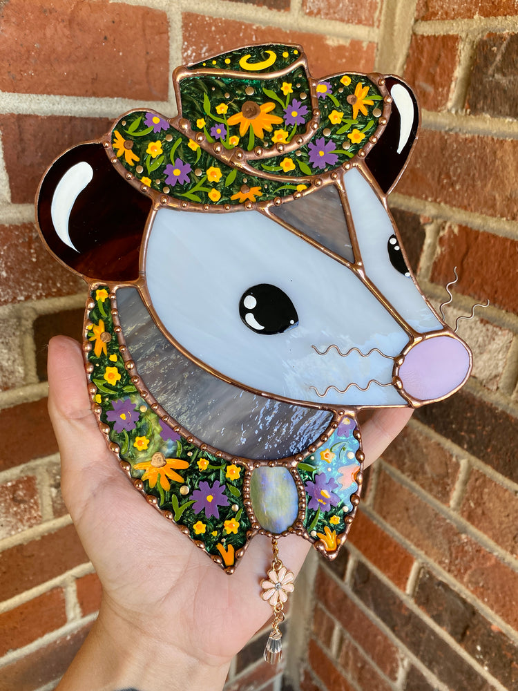 Garden Cowboy Opossum Stained Glass Suncatcher