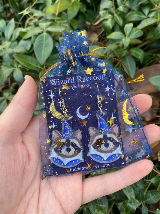 Blue and Gold Wizard Raccoon Acrylic Earrings