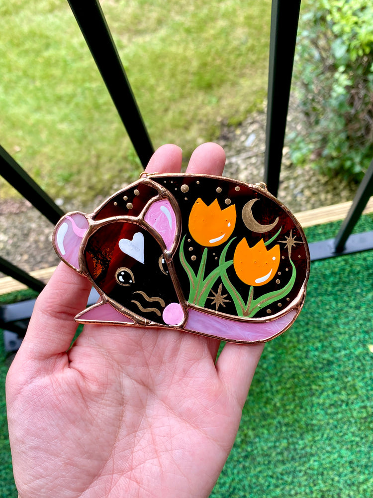 Brown Tulip Rat Stained Glass Ornament