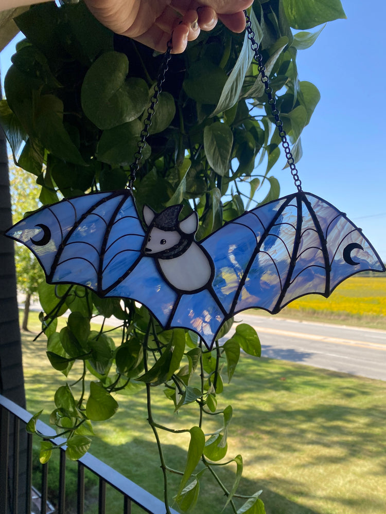 Black and Blue Wizard Bat Stained Glass Suncatcher