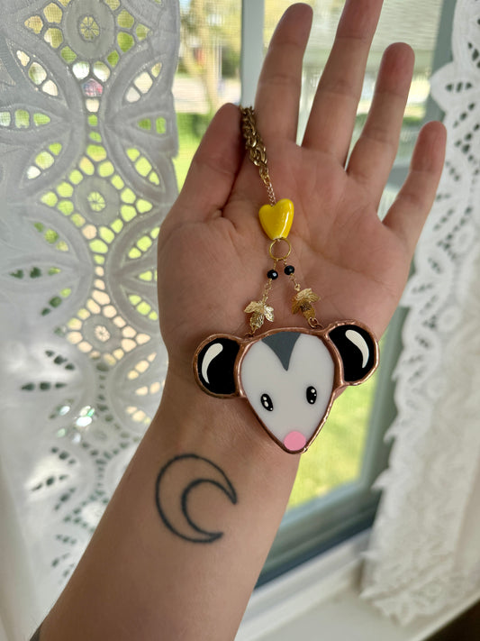 Yellow Heart Opossum Stained Glass Car Charm