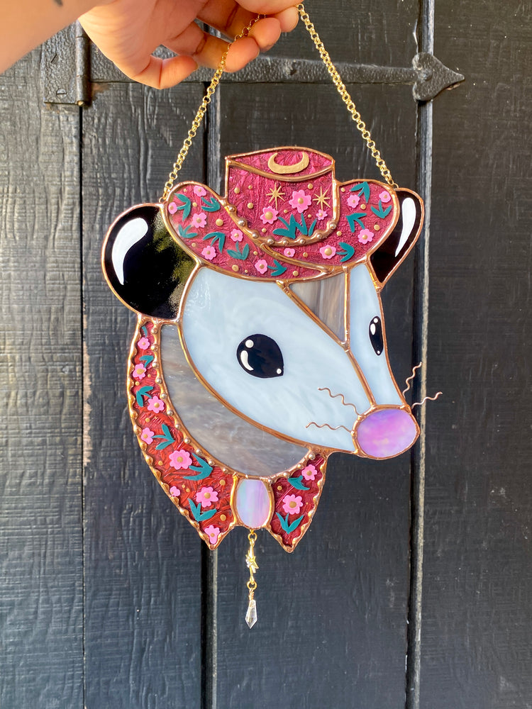 Pink Flower Cowboy Opossum Stained Glass Suncatcher