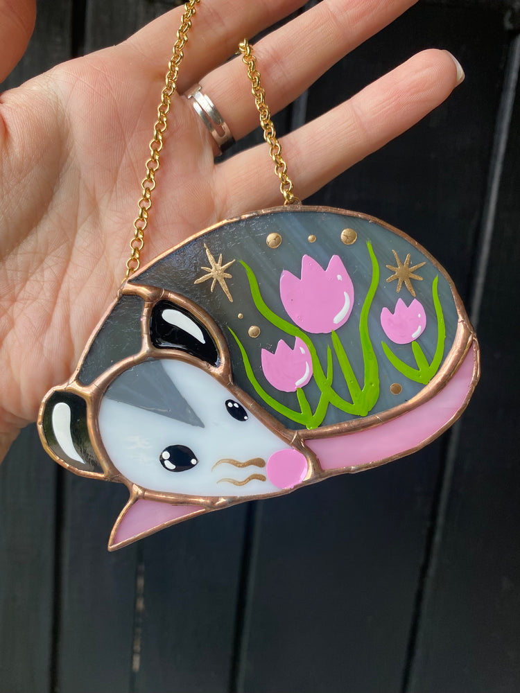 Sleepy Pink Tulip Opossum Stained Glass Ornament