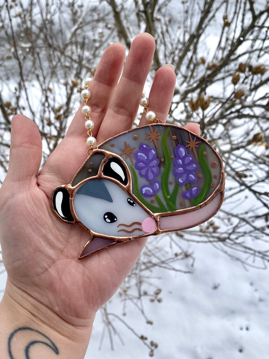 Mini Sleepy Lavender Opossum Stained Glass Ornament