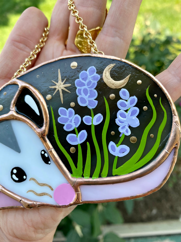 Sleepy Lavender Opossum Stained Glass Ornament