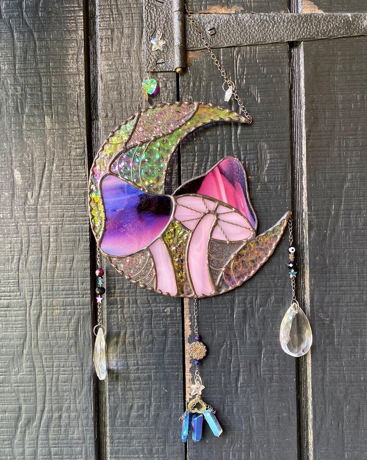 Spiderweb Mushroom Moon Stained Glass Suncatcher