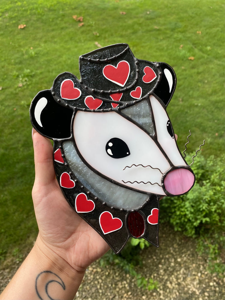 Red Heart Cowboy Opossum Stained Glass Suncatcher