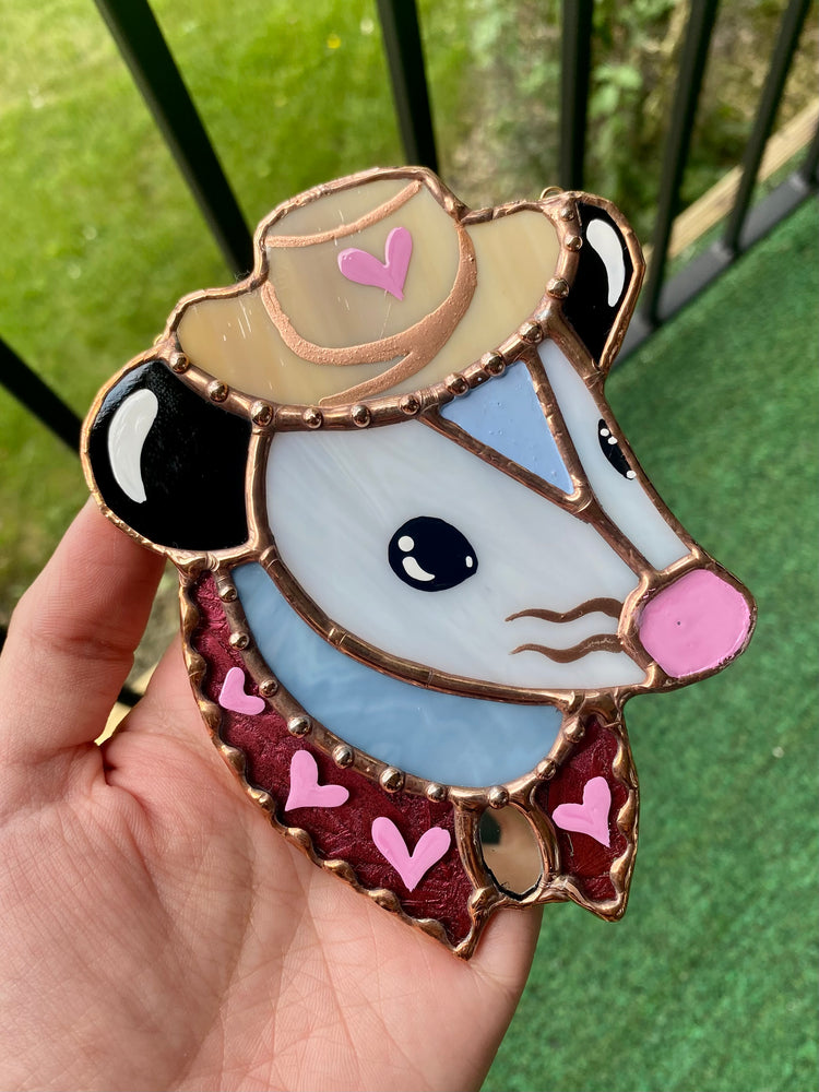 Pink Heart Cowboy Opossum Stained Glass Ornament