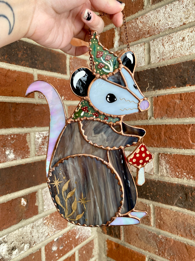 Mushroom Wizard Opossum Stained Glass Suncatcher