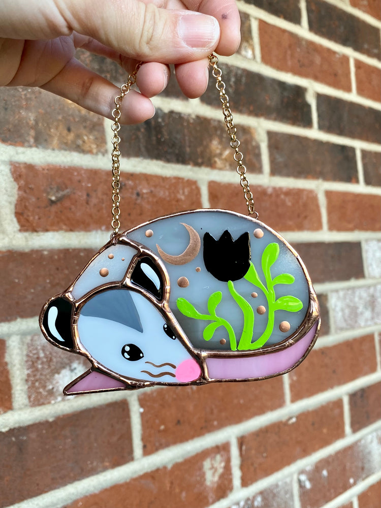 Black Tulip Opossum Stained Glass Suncatcher Ornament