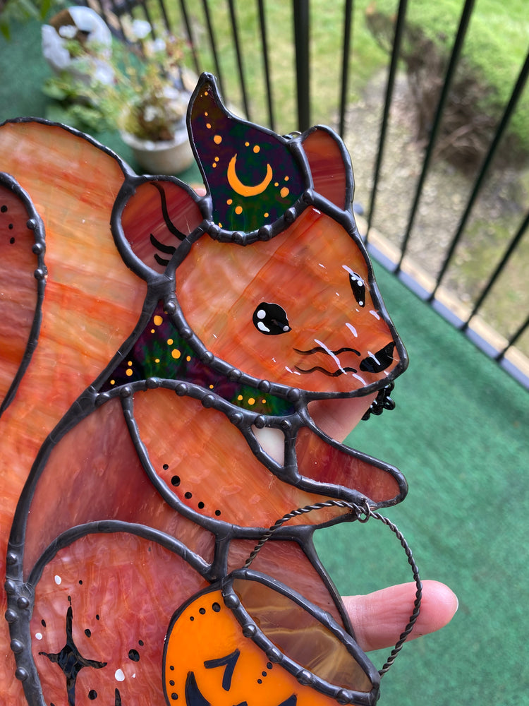 Trick-or-Treat Squirrel Stained Glass Suncatcher