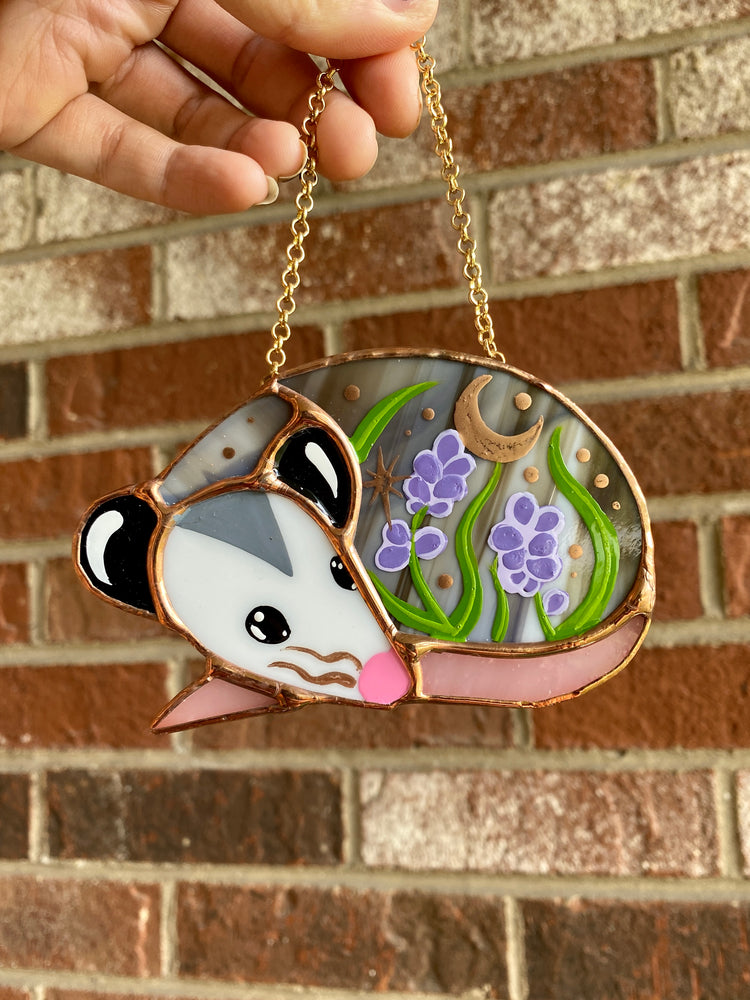 Sleepy Lavender Opossum Stained Glass Ornament