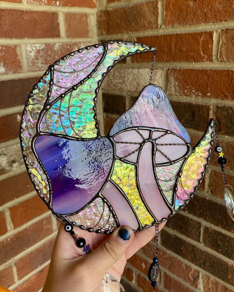 Spiderweb Mushroom Moon Stained Glass Suncatcher