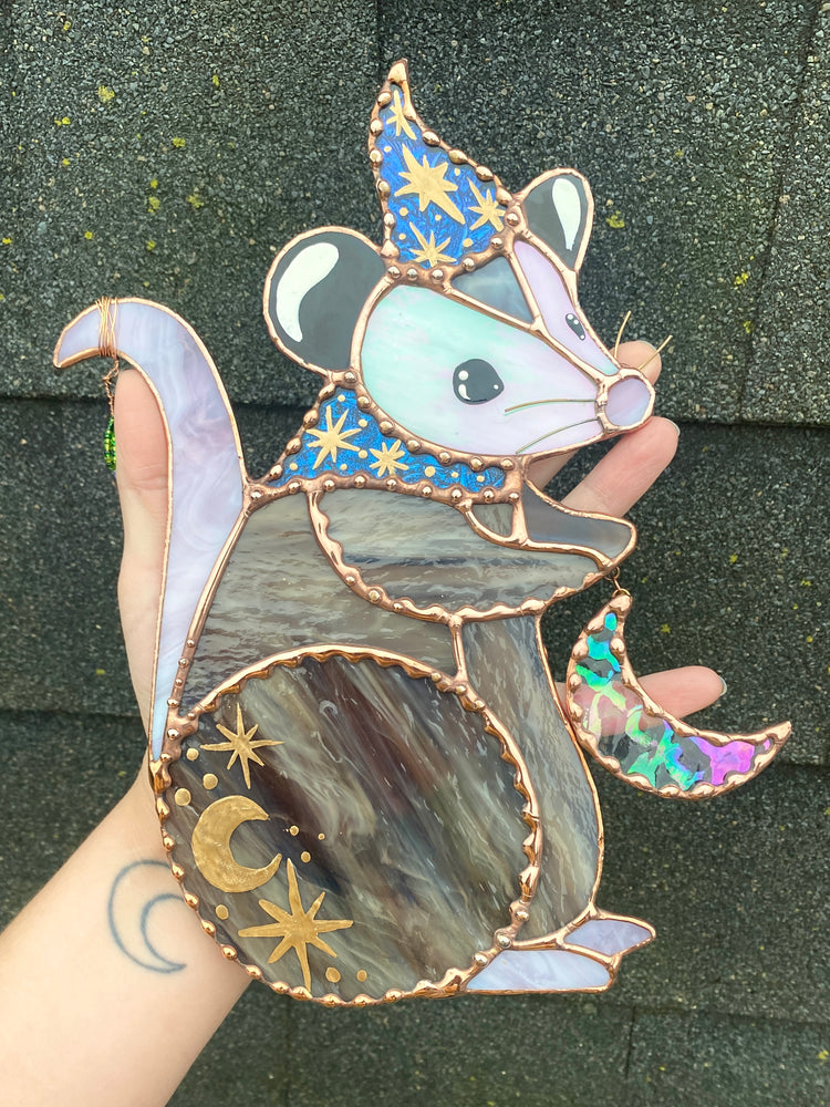 Winter Wizard Opossum Stained Glass Suncatcher