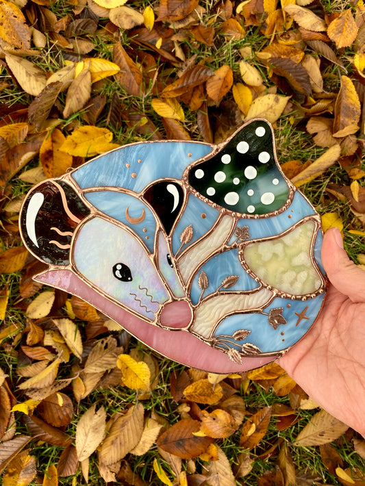 Enchanted Copper Mushroom Opossum Stained Glass Suncatcher