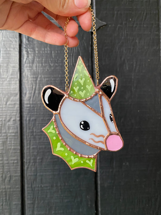 Green Lovely Opossum Mini Stained Glass Suncatcher