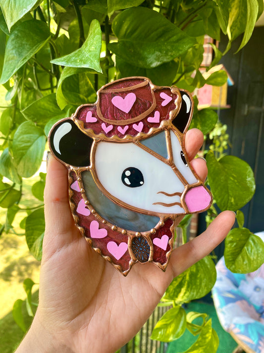 Mini Pink Pony Opossum Stained Glass Ornament