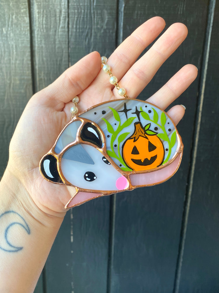 Jack-o-lantern Mini Sleepy Opossum Stained Glass Ornament