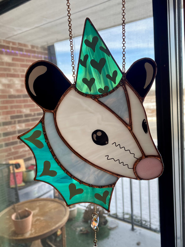 Teal Lovely Opossum Stained Glass Suncatcher