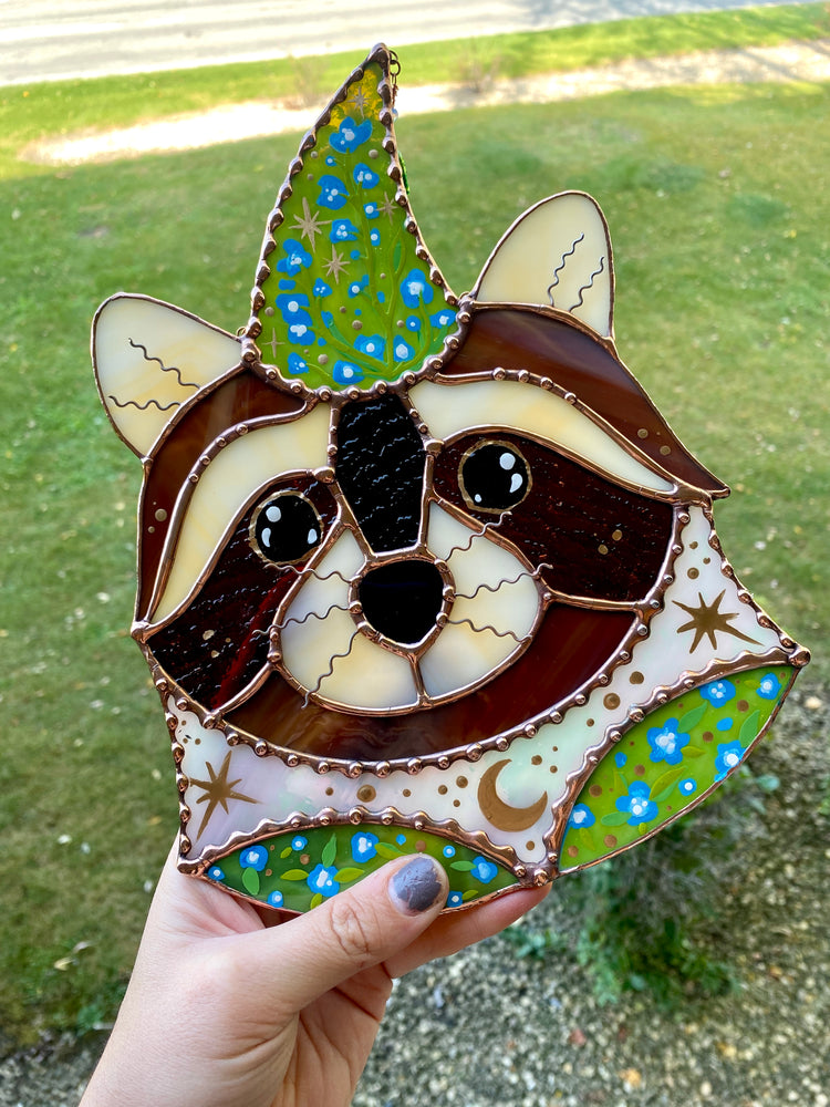 Blue Flower Wizard Raccoon Stained Glass Suncatcher